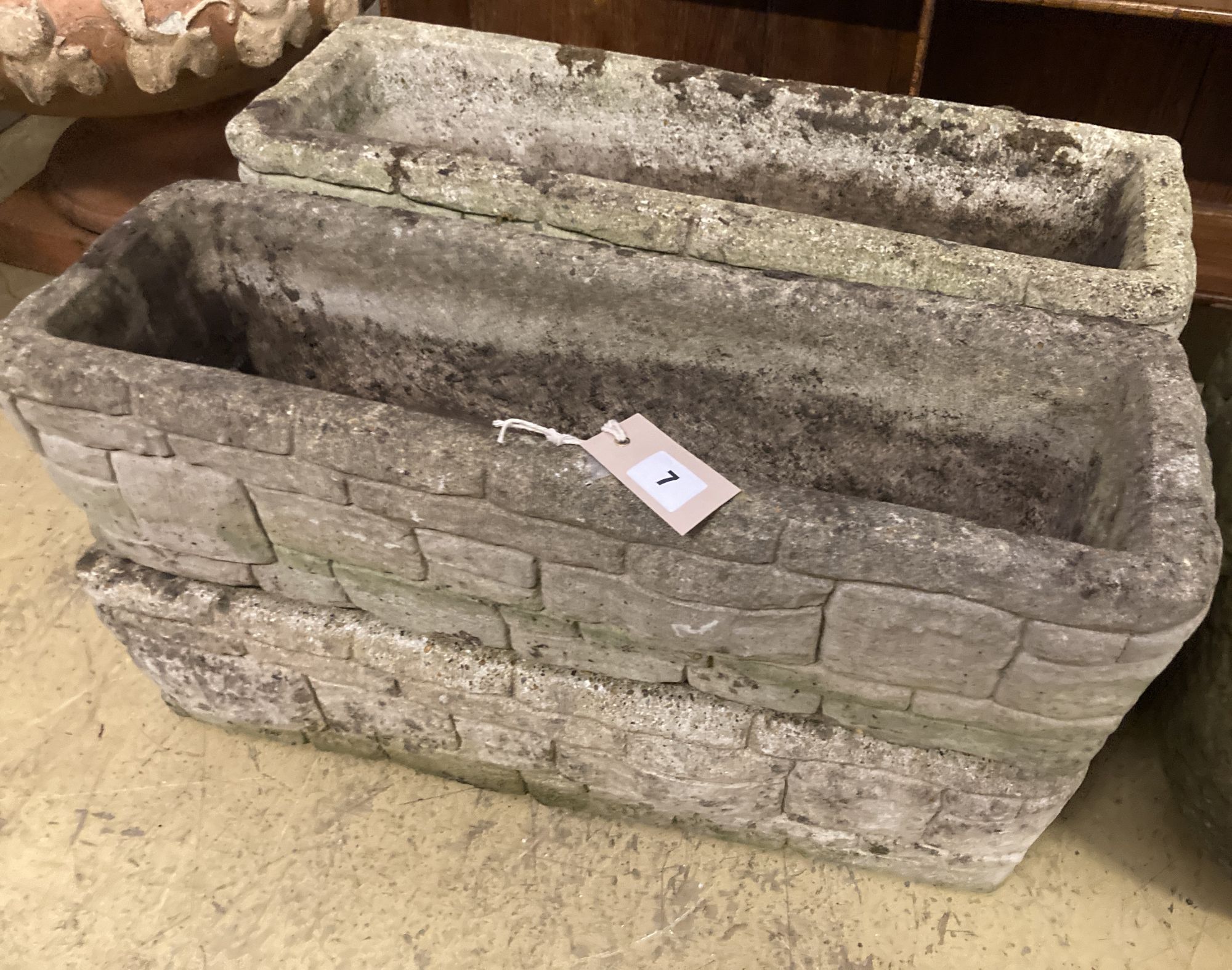 A set of four rectangular brick effect reconstituted stone garden troughs, width 60cm, depth 20cm, height 17cm